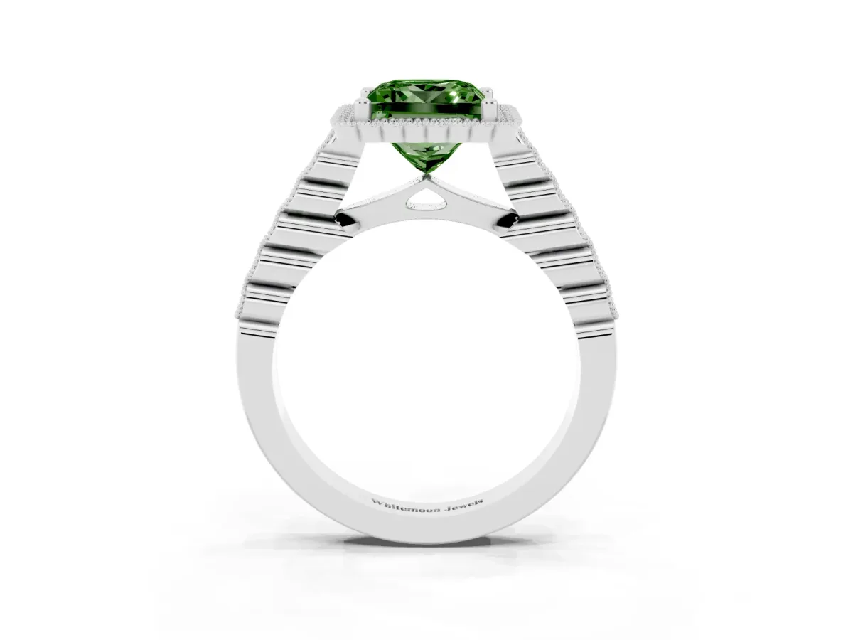 Fancy Green Princess Cut Cut Halo Pavé Solitaire Ring with Milgrain Band Platinum