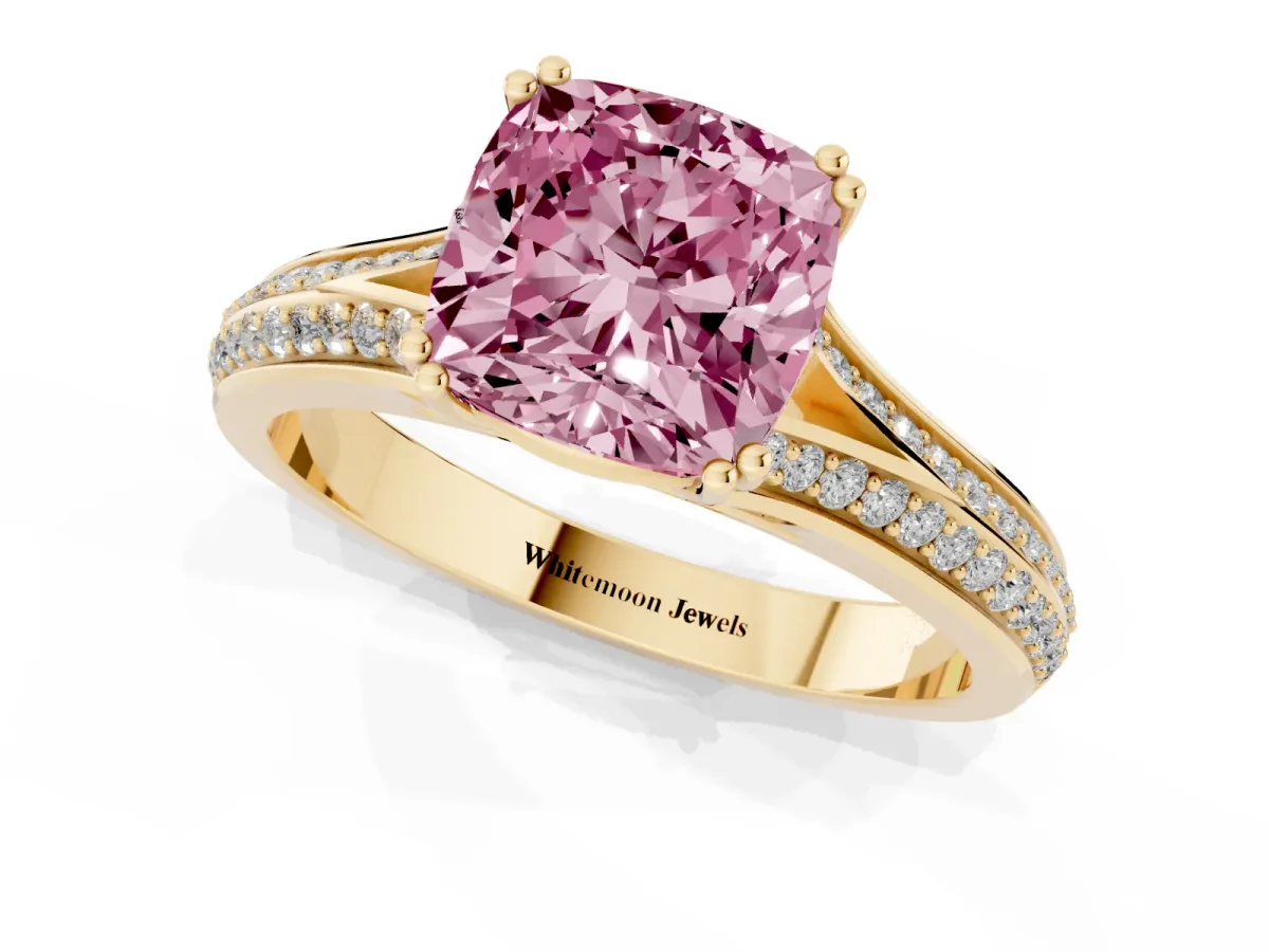 Fancy Pink Cushion Cut Diamond Split Shank Engagement Ring with Pavé Band Yellow gold