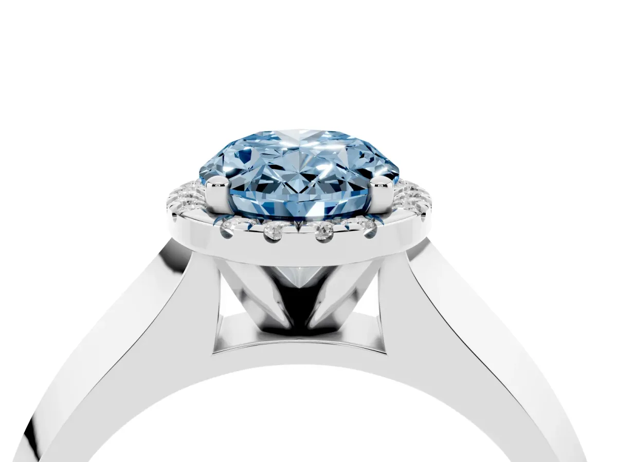 Fancy Blue Oval Cut Halo Diamond Ring with Cathedral Band and Four-Prong Setting Platinum