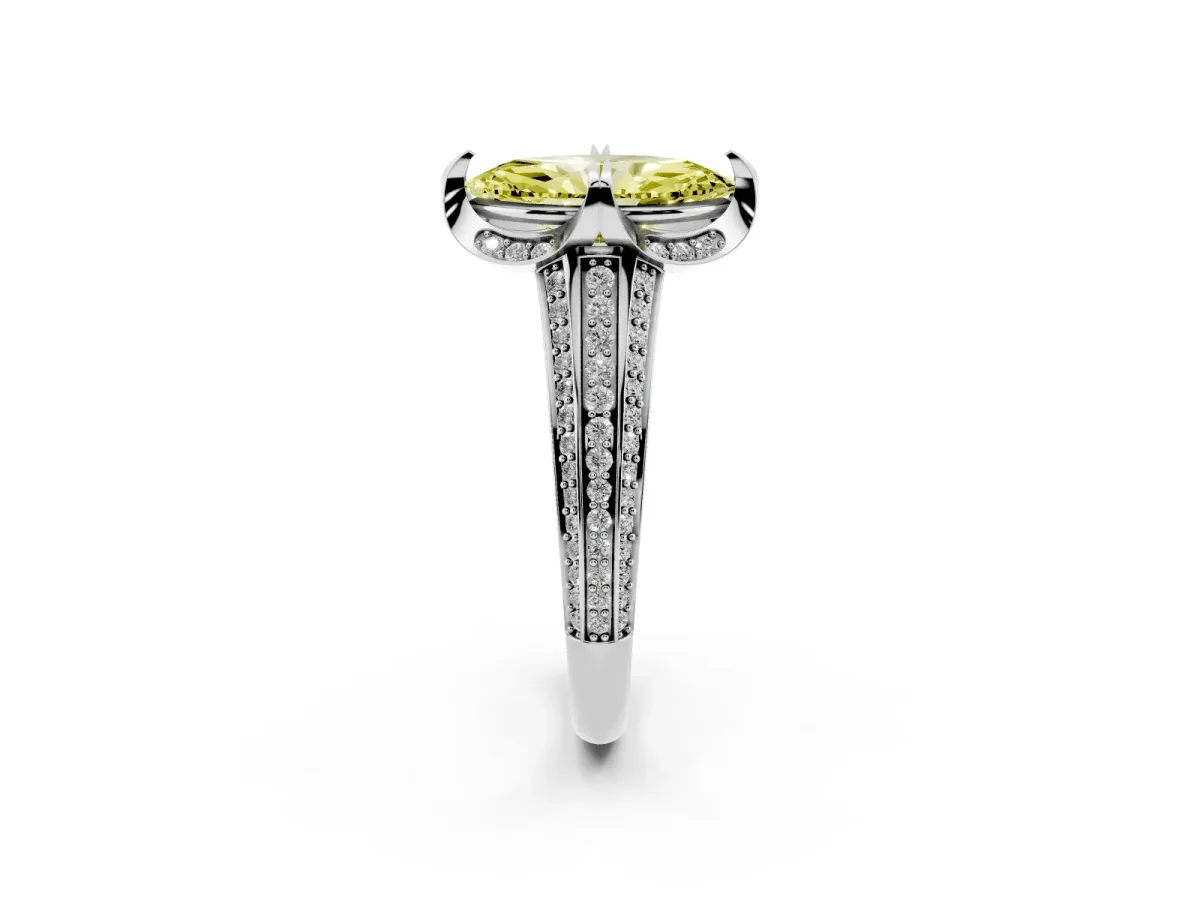 Fancy Yellow Marquise Cut Solitaire Pave Split Shank Ring with Four-Prong Setting Silver