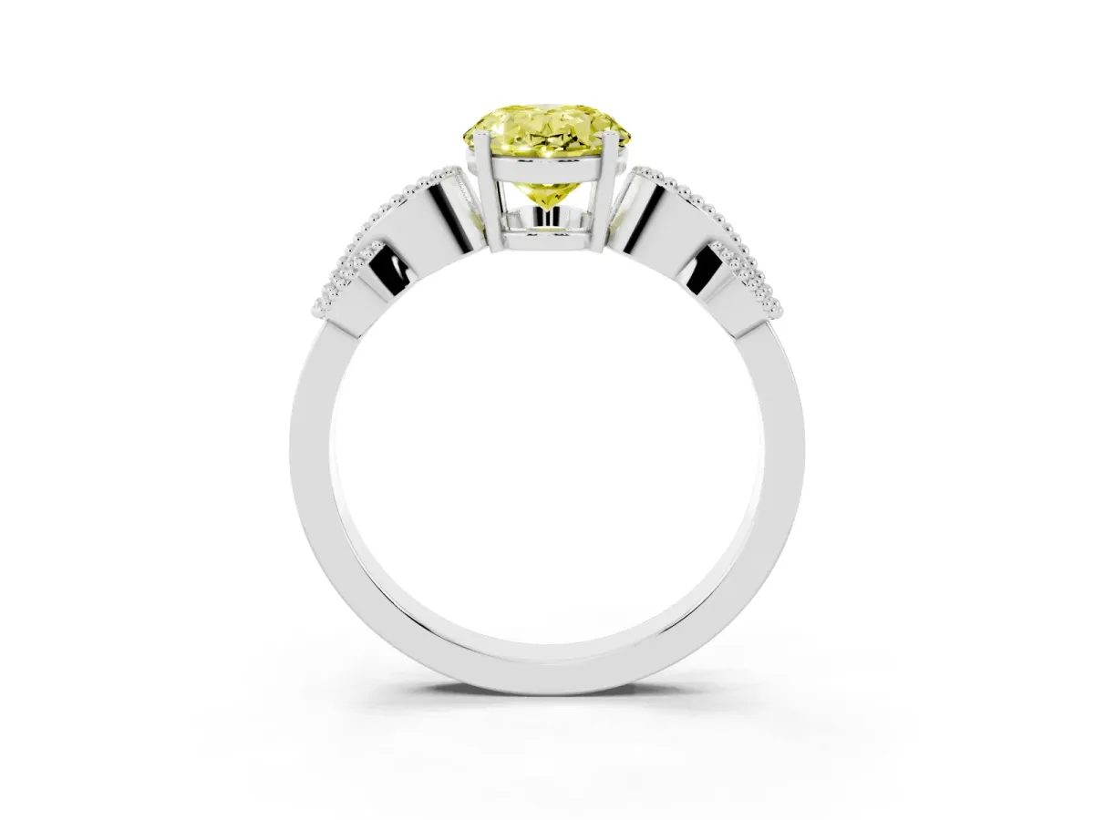 Fancy Yellow Oval Cut Solitaire Milgrain Leaf Band with Prong Setting White gold