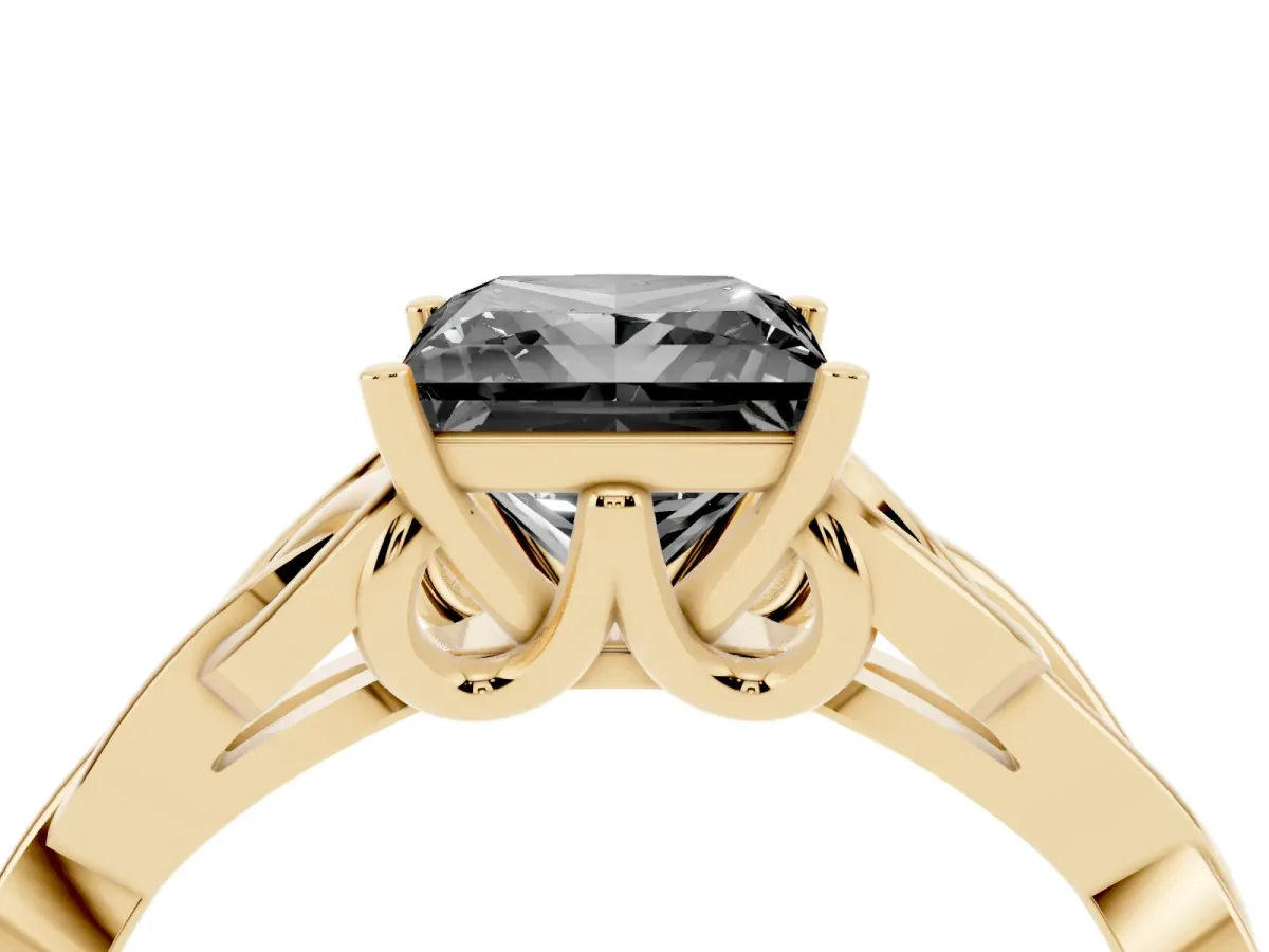 Fancy Black Princess Cut Diamond Solitaire Engagement Ring with Celtic Knot Band and Four-Prong Setting Yellow gold