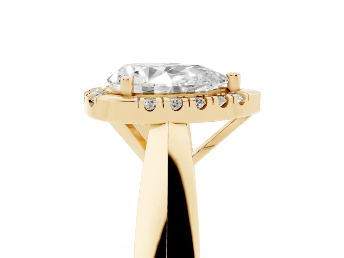 Pear Cut Cut Halo Solitaire Engagement Ring with Square Band and Four-Prong Setting Yellow gold