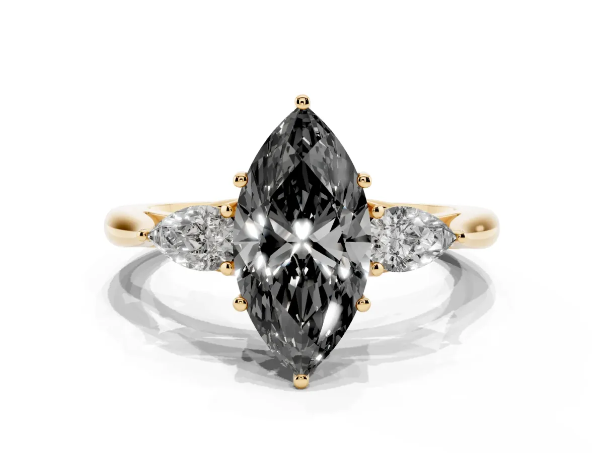 Fancy Black Marquise Cut Diamond Three-Stone Ring with Pear Side Stones and Prong Setting Yellow gold