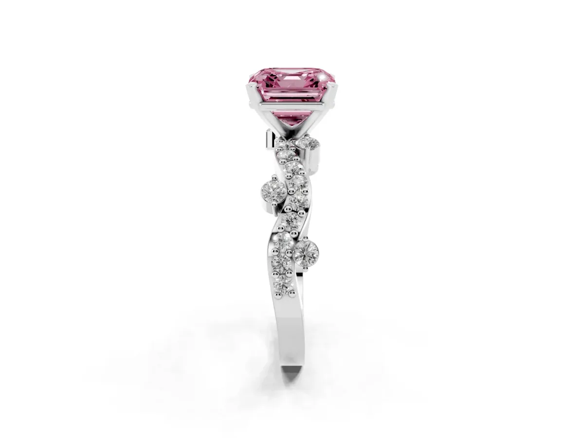 Fancy Pink Asscher Cut Cut Solitaire Diamond Twisted Band with Pave Setting Silver