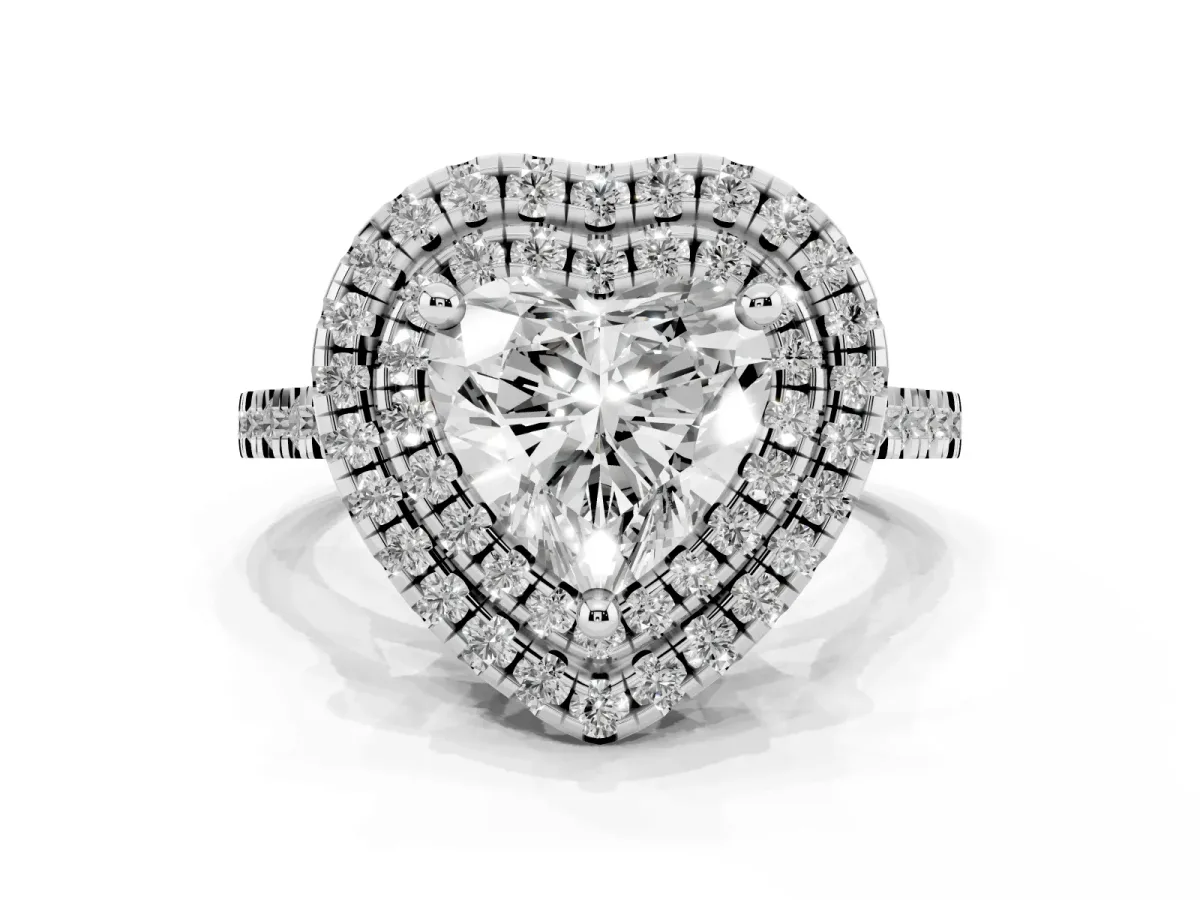 Double Halo Heart Cut Diamond Pavé Band with Four-Prong Setting Silver