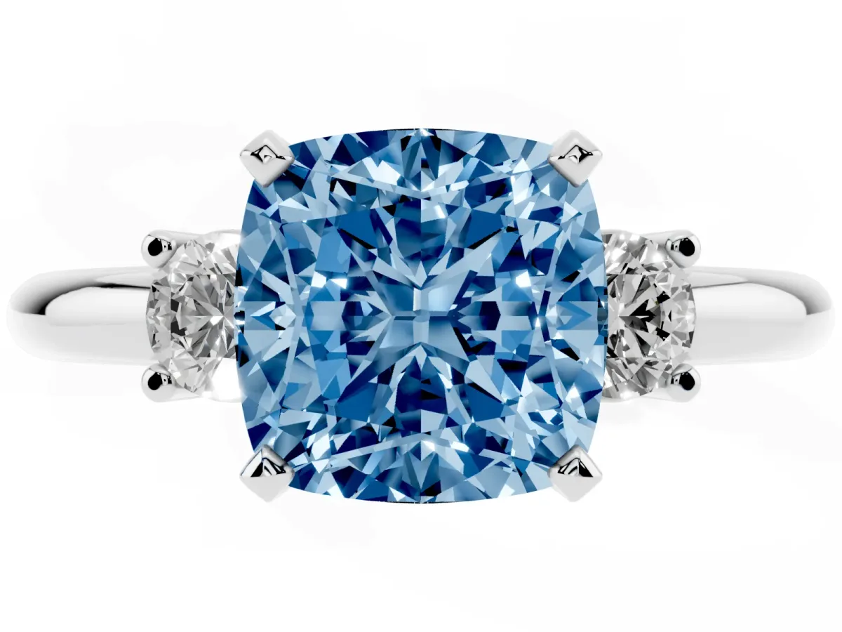 Fancy Blue Three-Stone Cushion Cut Cut Diamond Solitaire with Prong Setting and Classic Band Silver