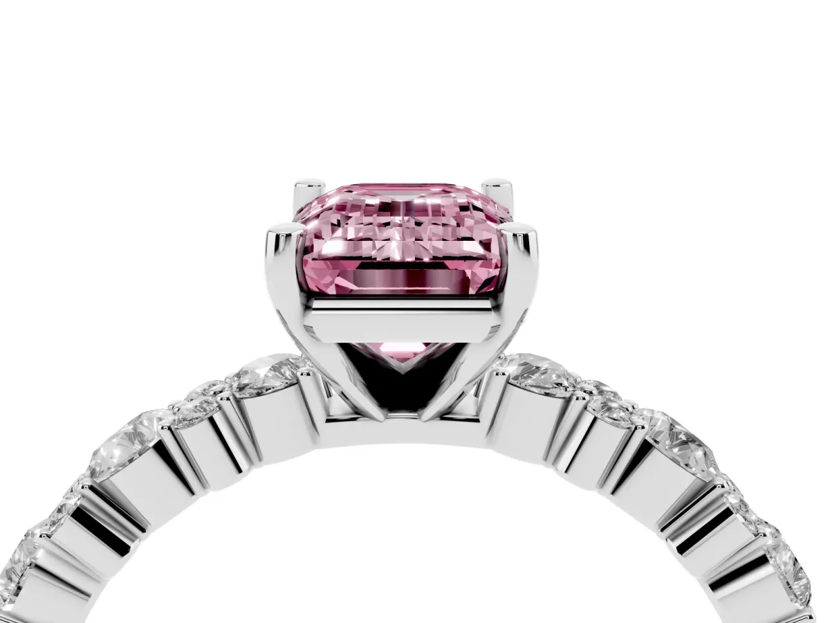 Fancy Pink Emerald Cut Diamond Side Stone Solitaire Ring with Round and Four-Prong Setting Platinum