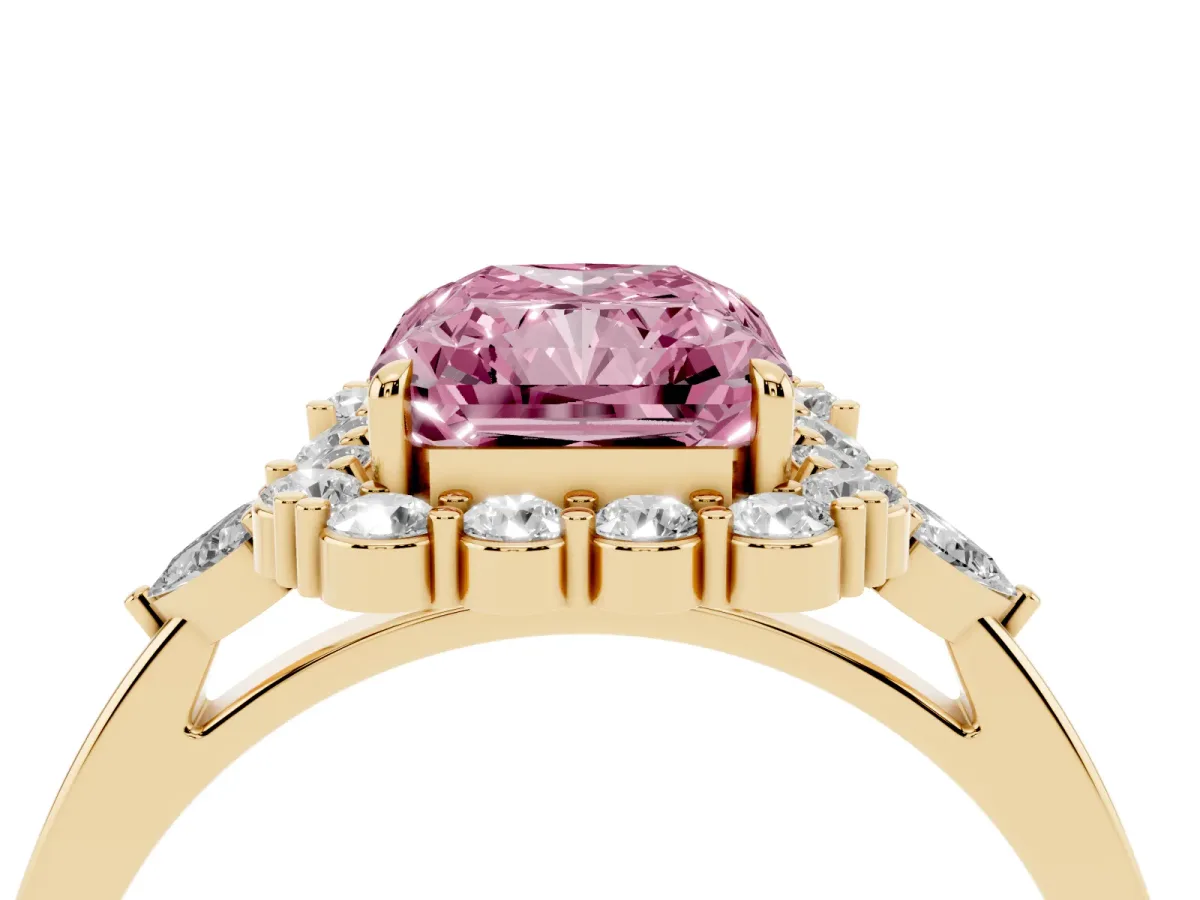 Fancy Pink Radiant Cut Diamond Halo Ring with Pear Side Stones and Prong Setting Yellow gold