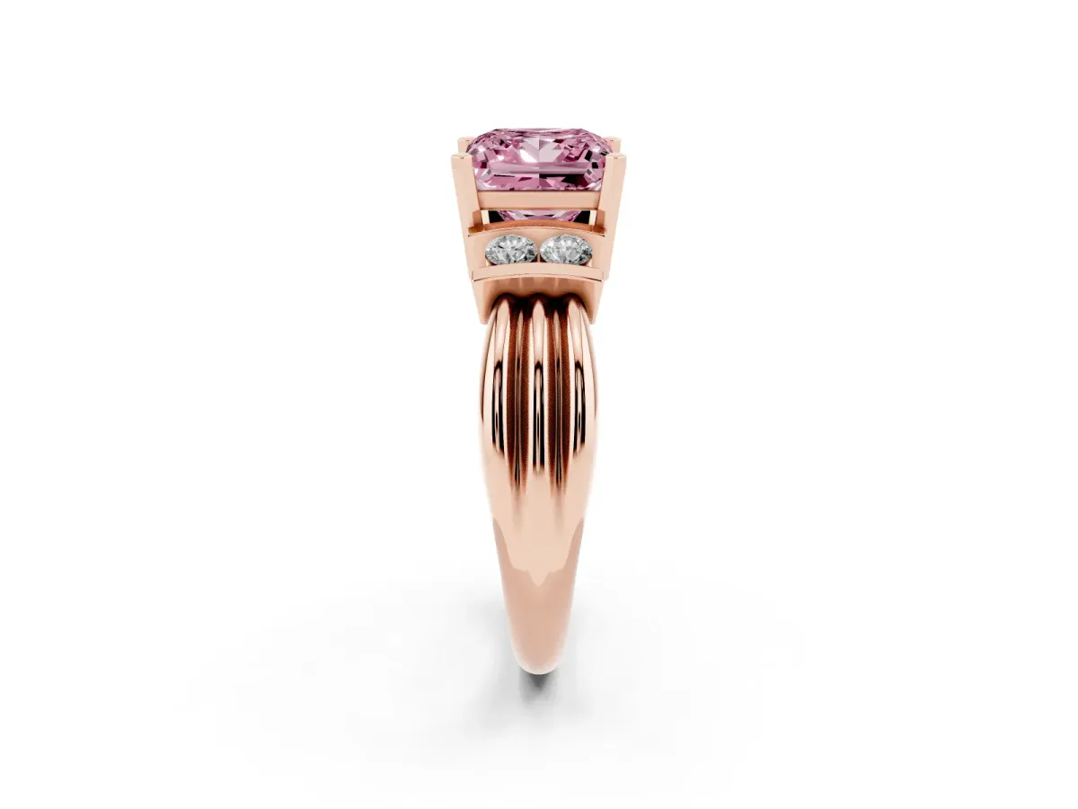 Fancy Pink Princess Cut Cut Three-Stone Channel Set Ring with Bar Prongs Rose gold