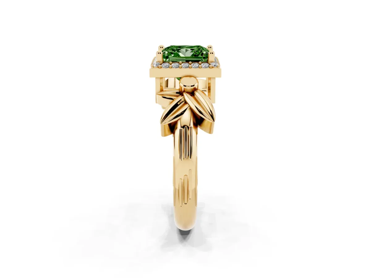 Fancy Green Princess Cut Halo Diamond Floral Band with Four-Prong Setting Yellow gold