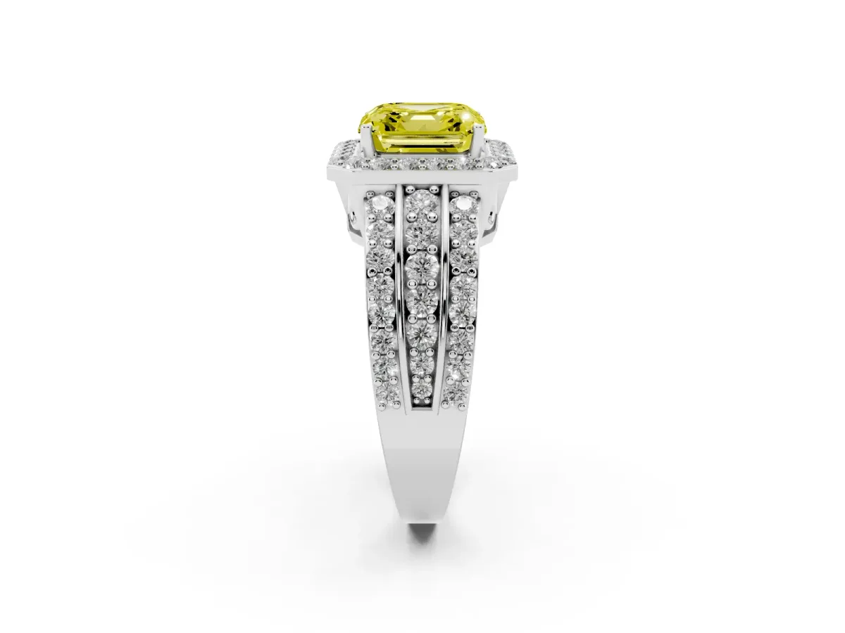 Fancy Yellow Asscher Cut Halo Diamond Ring with Round Split Shank and Prong Setting Platinum