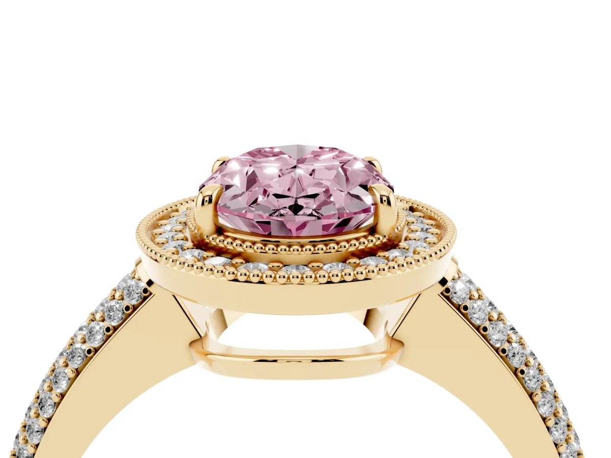 Fancy Pink Oval Cut Cut Halo Diamond Pave Band with Four-Prong Setting Yellow gold