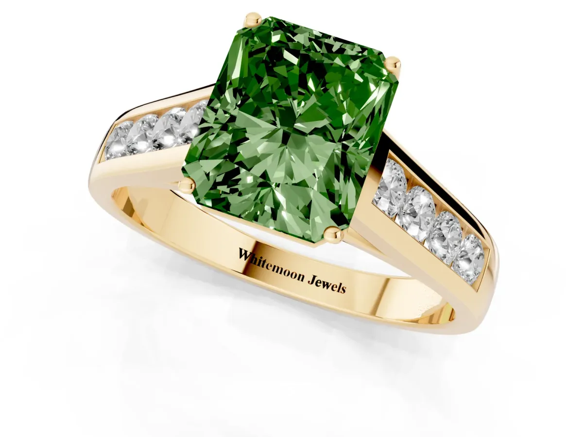 Fancy Green Radiant Cut Solitaire Channel-Set Diamond Engagement Ring with Four-Prong Setting Yellow gold