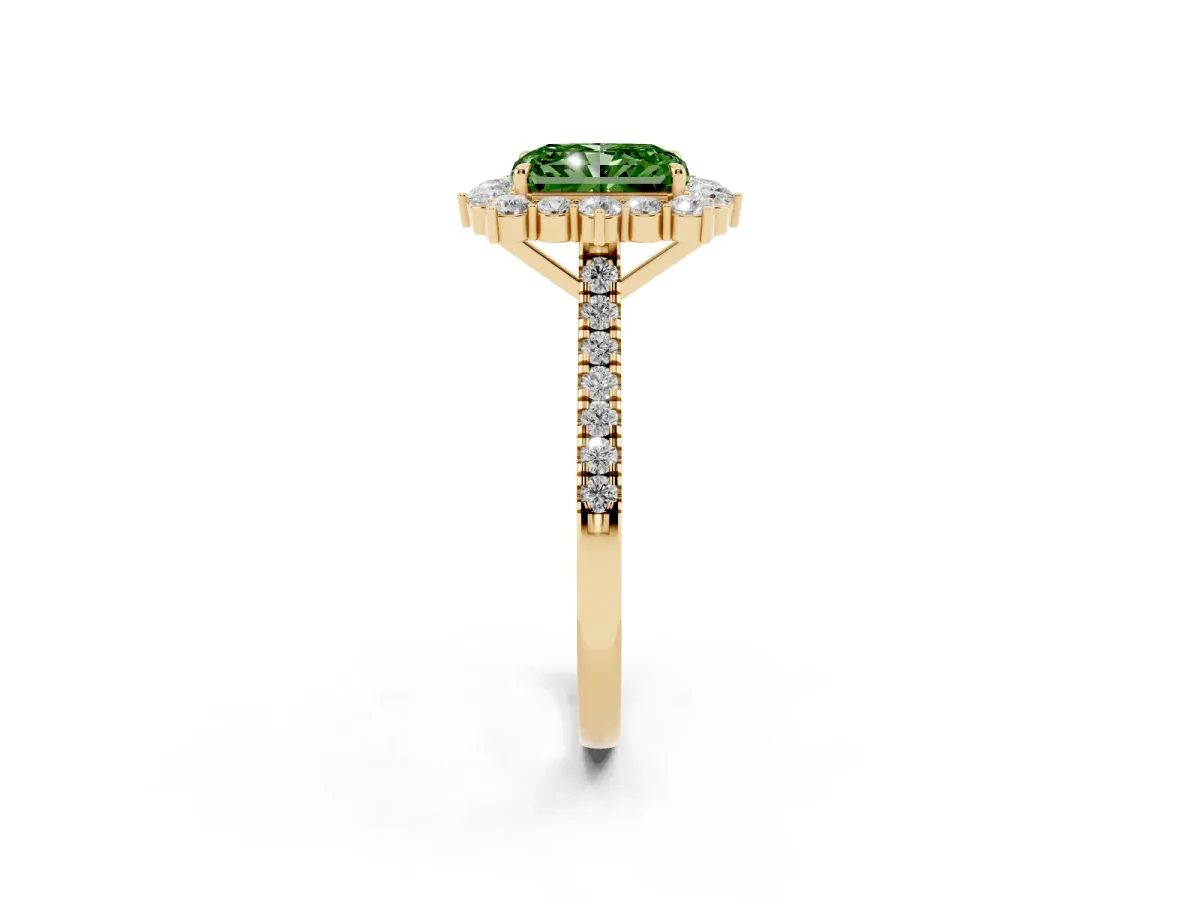 Fancy Green Radiant Cut Halo Diamond Ring with Pavé Band and Prong Setting Yellow gold