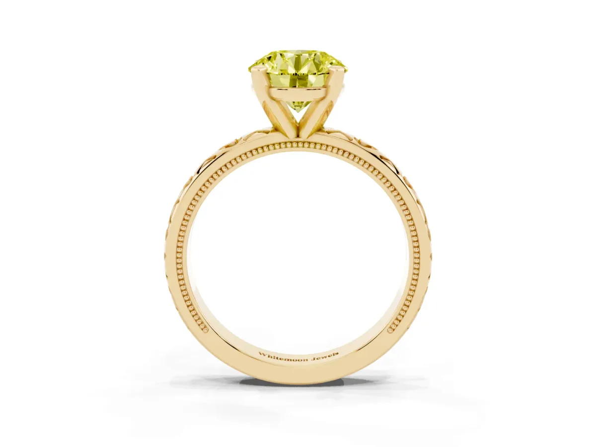 Fancy Yellow Round Cut Solitaire Diamond Engagement Ring with XO Engraved Band and Four-Prong Setting Yellow gold