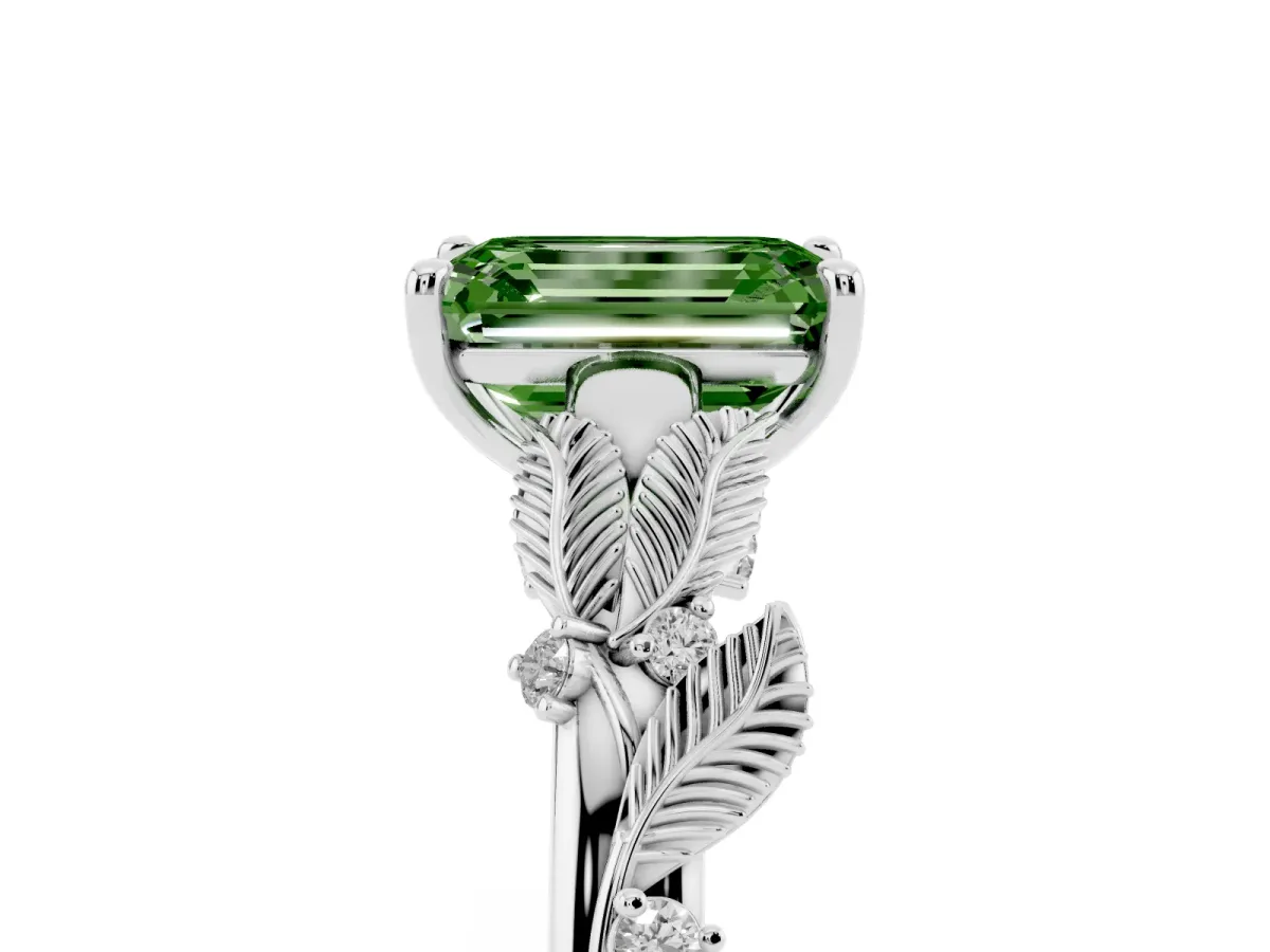 Fancy Green Emerald Cut Diamond Solitaire Ring with Leaf Motif Band and Four-Prong Setting Silver
