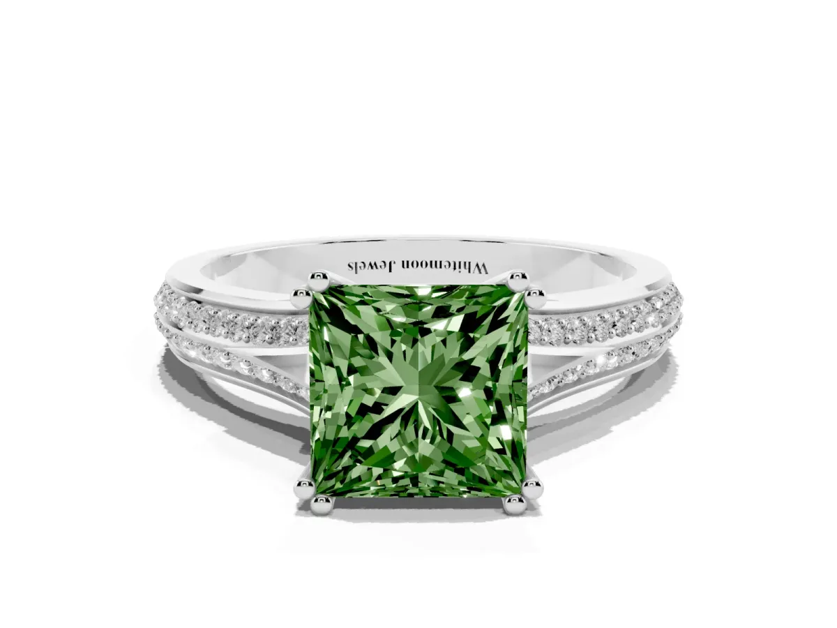 Fancy Green Princess Cut Diamond Split Shank Engagement Ring with Pavé Band Silver