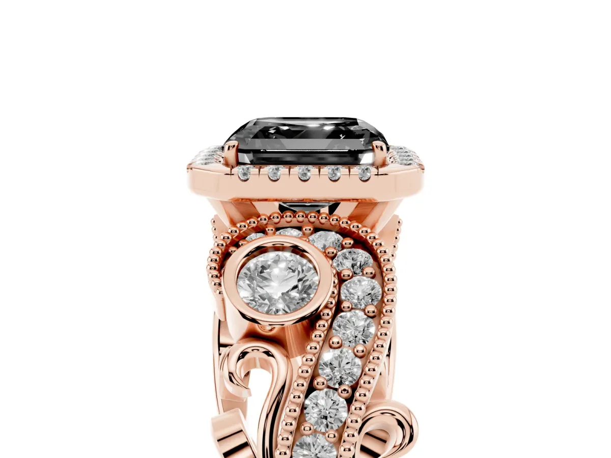 Fancy Black Asscher Cut Halo Diamond Ring with Milgrain and Bezel Accents on a Split Shank Band Rose gold