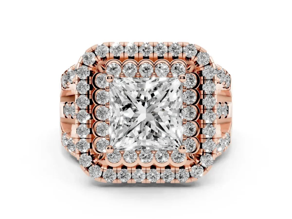 Princess Cut Diamond Double Halo Ring with Round Pavé Split Shank and Prong Setting Rose gold
