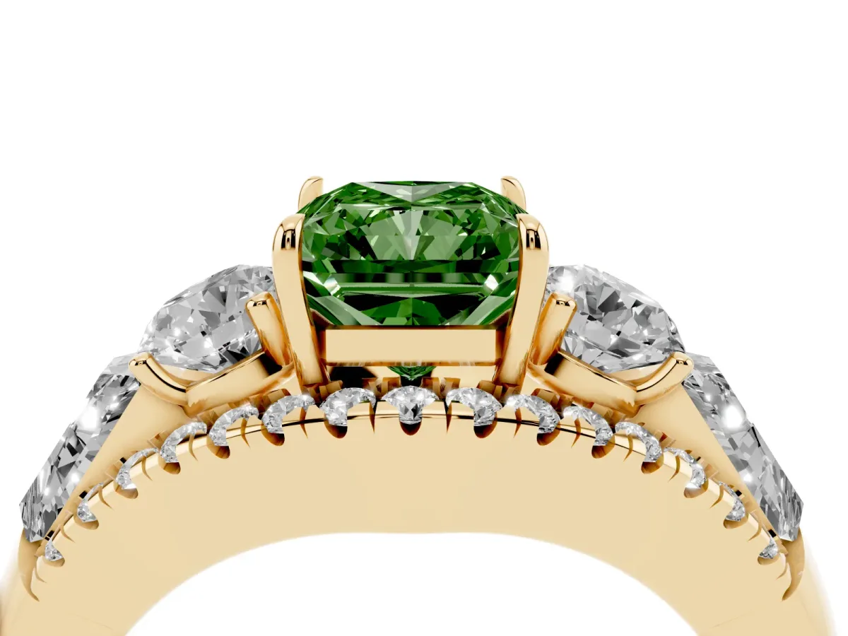 Fancy Green Three-Stone Radiant Cut Diamond Engagement Ring with Pave Band and Prong Setting Yellow gold