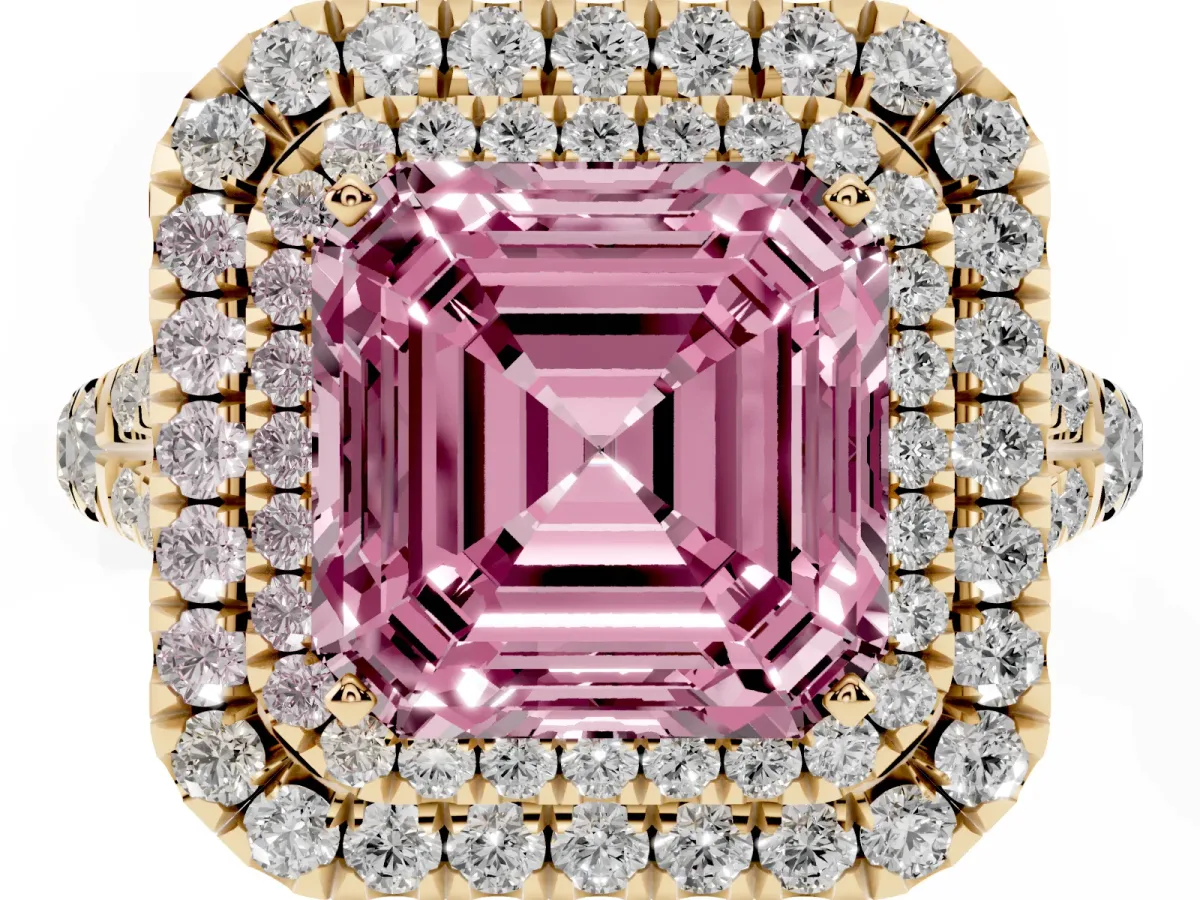 Fancy Pink Asscher Cut Cut Double Halo Split Shank Diamond Ring with Prong Setting Yellow gold