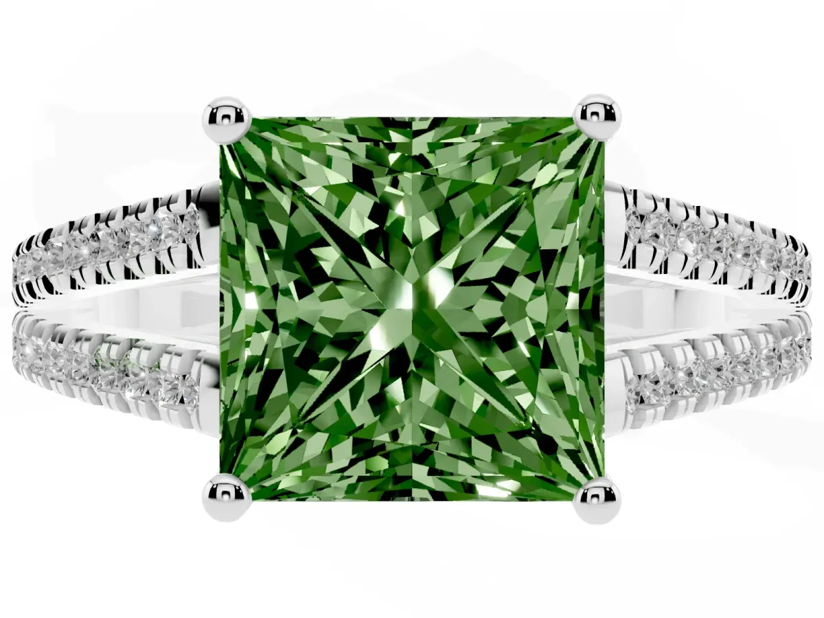 Fancy Green Princess Cut Diamond Solitaire Engagement Ring with Split Shank Pavé Band Silver