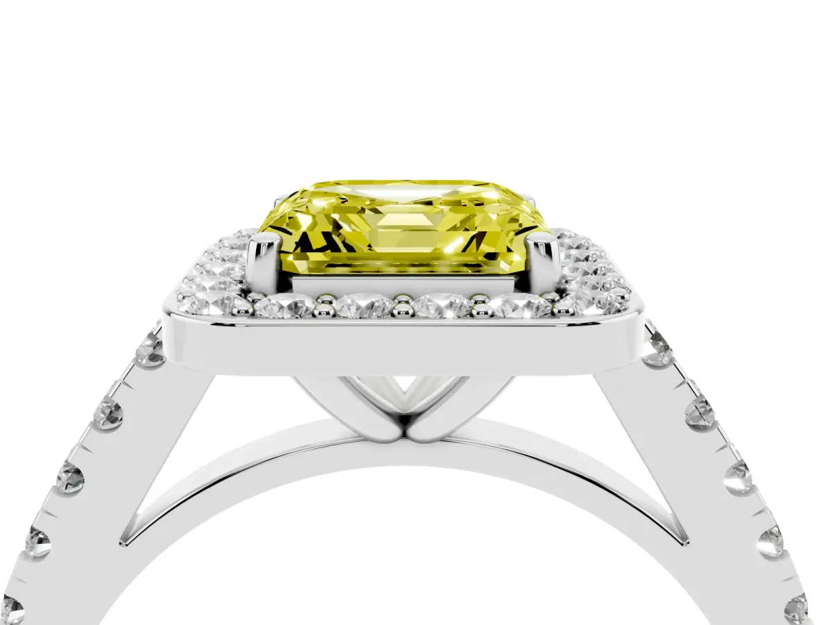 Fancy Yellow Asscher Cut Diamond Halo Ring with Round Pavé Split Shank and Prong Setting Silver