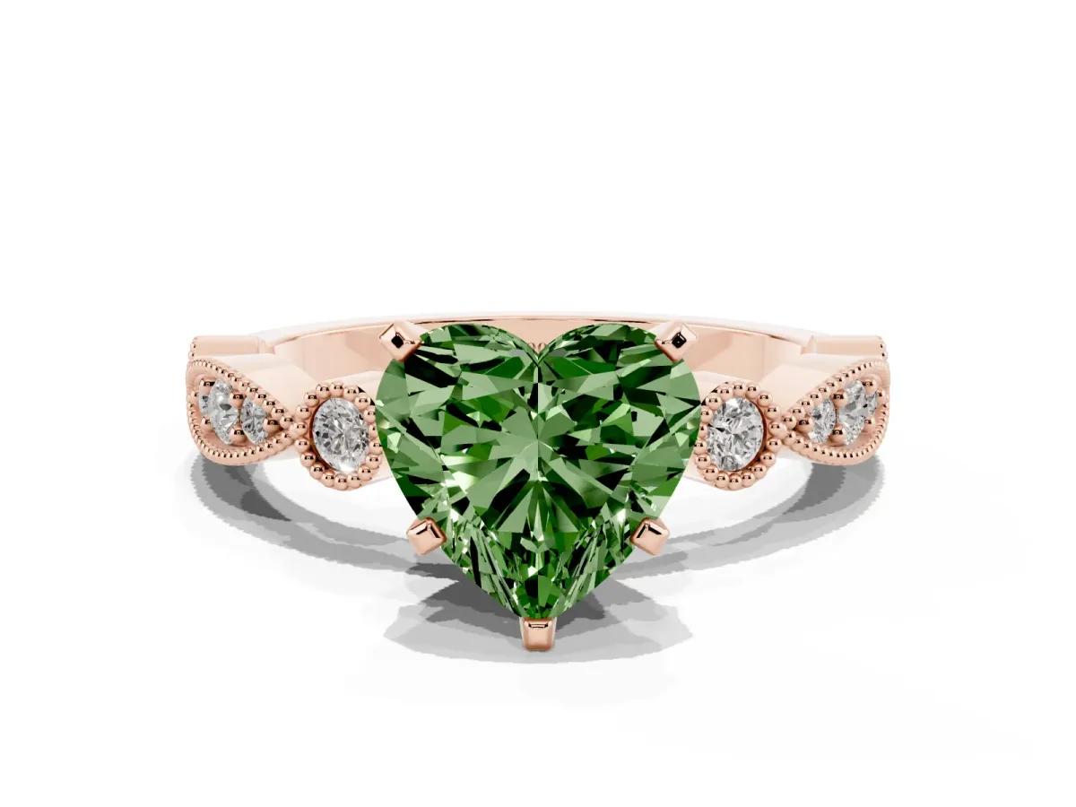Fancy Green Heart Cut Milgrain Bezel Diamond Engagement Ring with Solitaire Prong Setting Rose gold