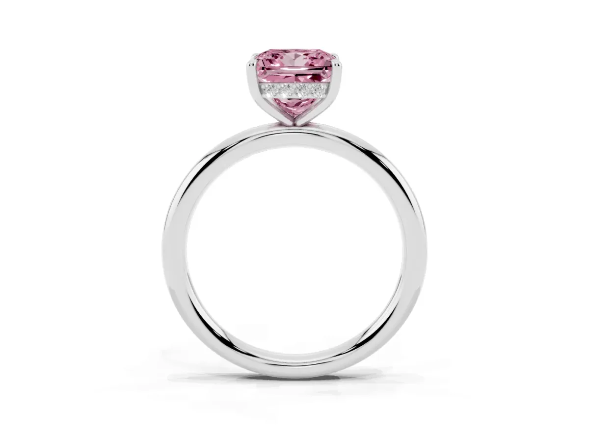 Fancy Pink Princess Cut Diamond Solitaire Ring with Thin Band and Four-Prong Setting Platinum