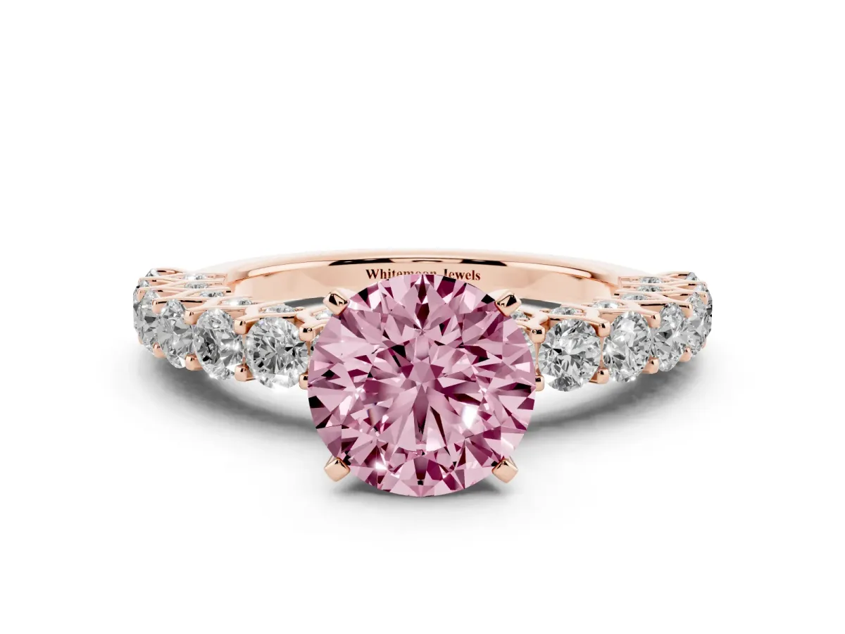 Fancy Pink Round Cut Diamond Solitaire Ring with Shared Prong Pavé Band and Four-Prong Setting Rose gold
