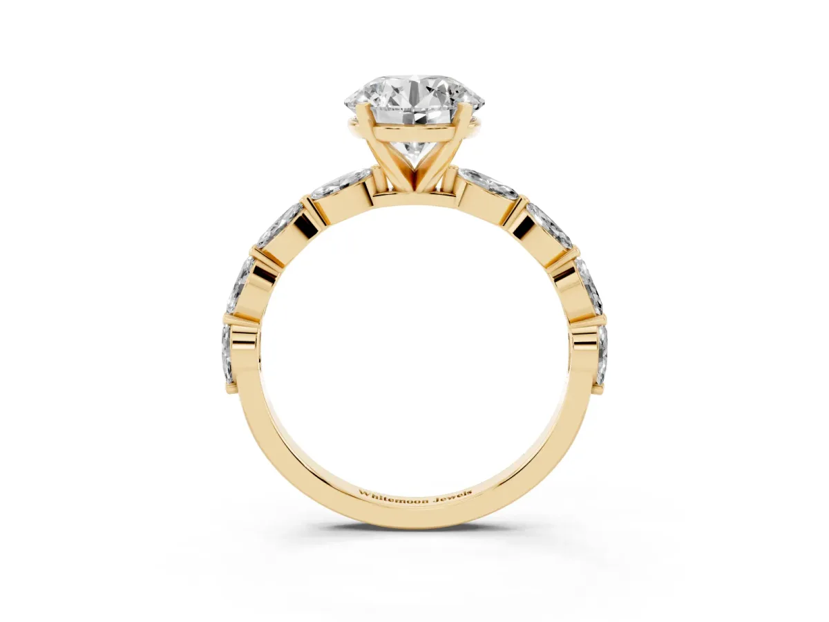 Round Cut Diamond Ring with Marquise Side Stones and Prong Setting Yellow gold