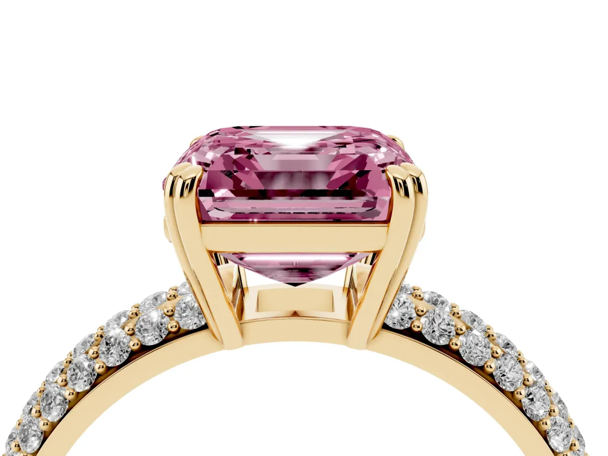 Fancy Pink Asscher Cut Diamond Solitaire Ring with Multi-Row Round Pavé Band and Prong Setting Yellow gold