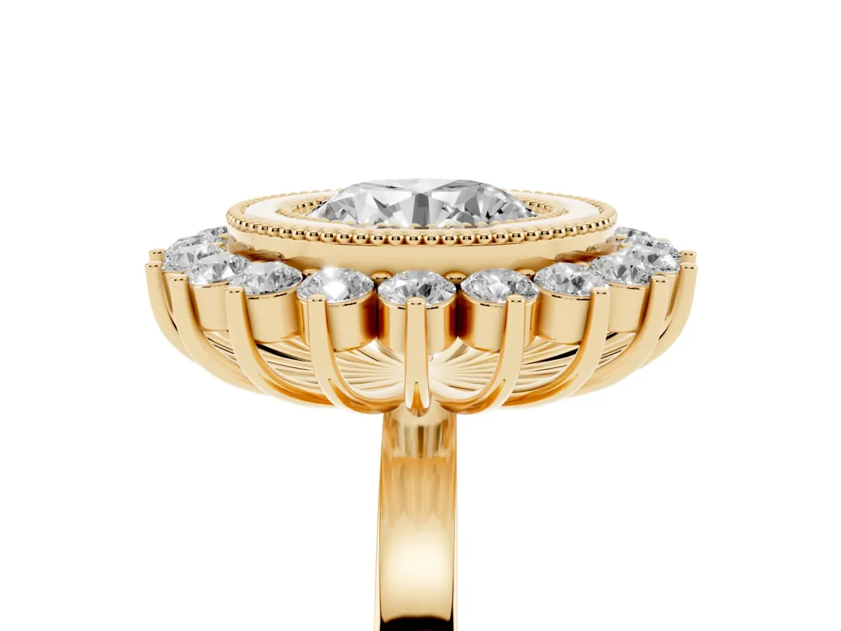 Round Cut Halo Diamond Ring with Milgrain Edge and Round Prong Setting Yellow gold