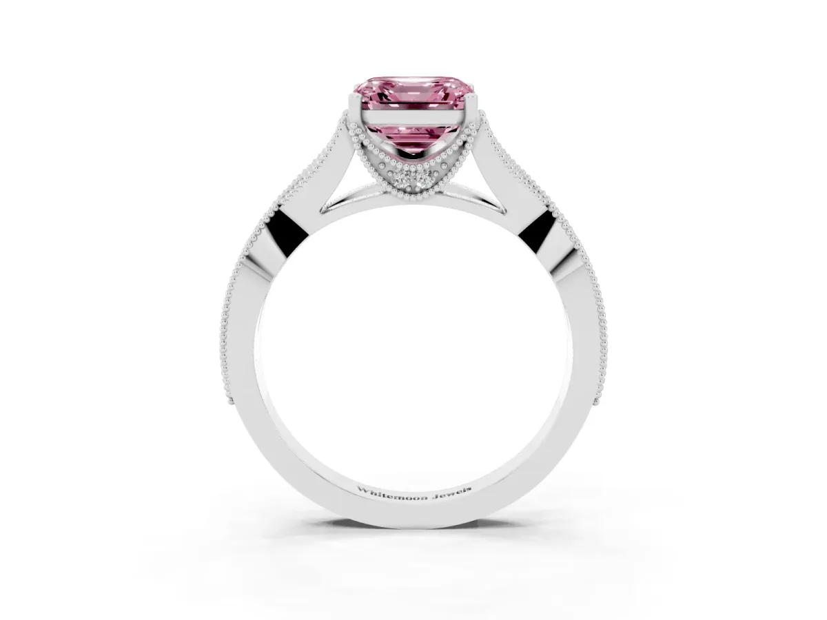 Fancy Pink Asscher Cut Cut Diamond Twisted Band with Milgrain Pave Setting and Four-Prong Setting Silver
