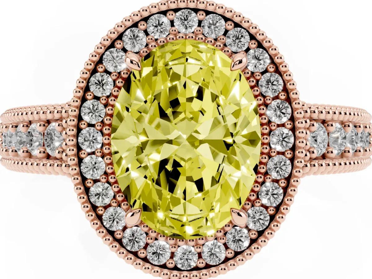 Fancy Yellow Oval Cut Cut Halo Diamond Ring with Pavé Band and Four-Prong Setting Rose gold