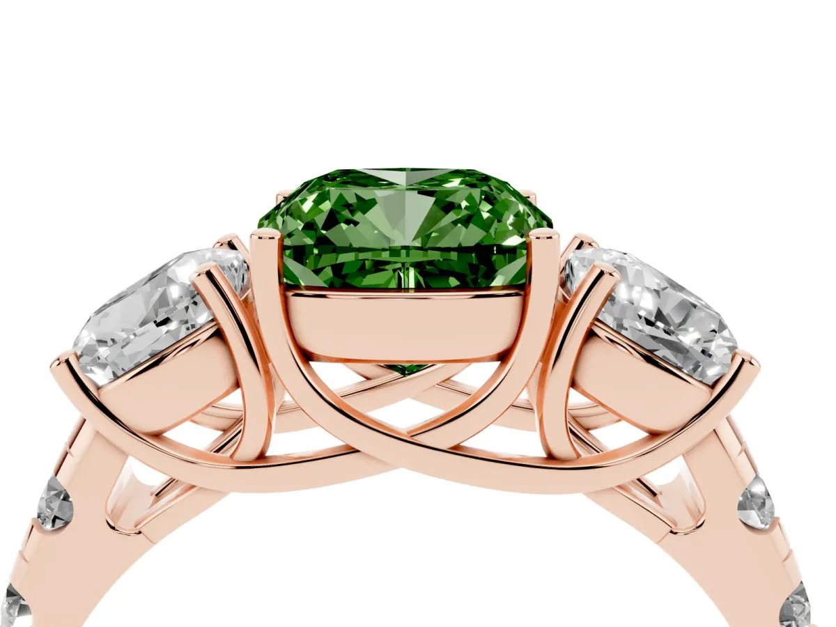 Fancy Green Three-Stone Cushion Cut Diamond Pavé Band with Prong Setting Rose gold