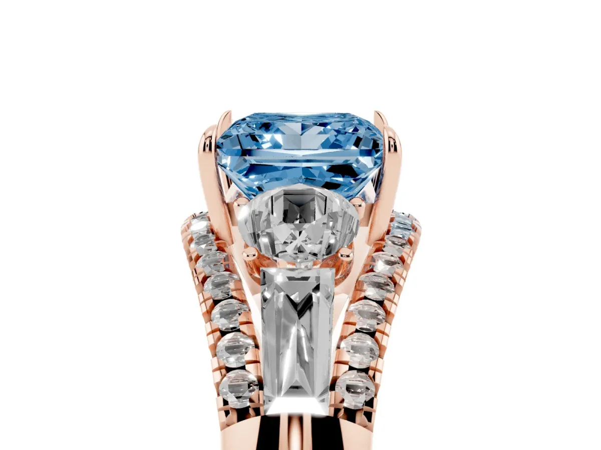 Fancy Blue Three-Stone Princess Cut Diamond Engagement Ring with Pave Band and Prong Setting Rose gold