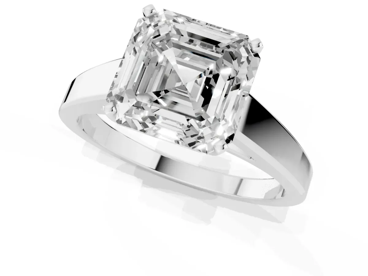 Asscher Cut Solitaire Engagement Ring with Four-Prong Setting and Tapered Band Silver