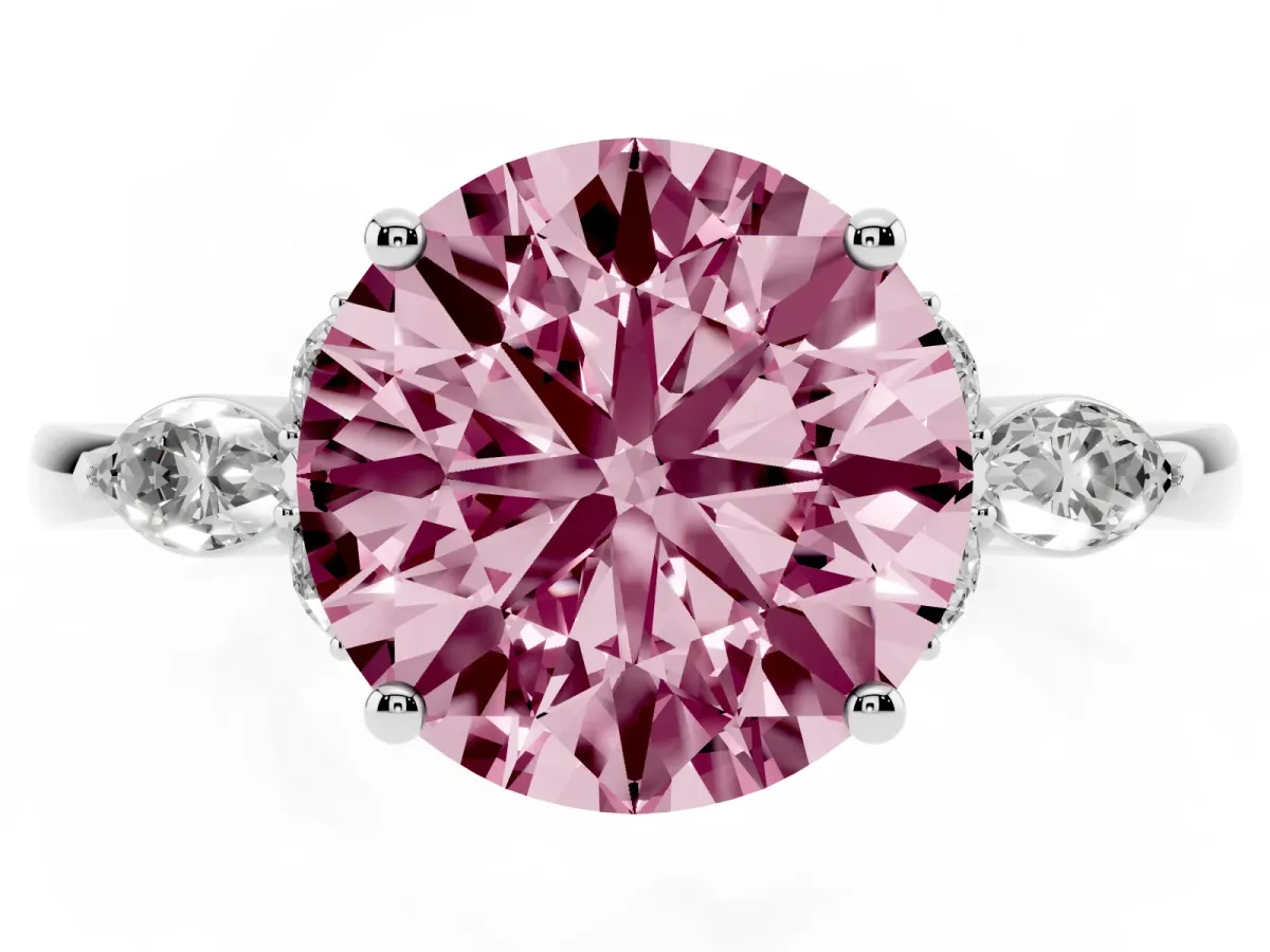 Fancy Pink Round Cut Brilliant Diamond Solitaire Ring with Pear Side Stones and Four-Prong Setting White gold