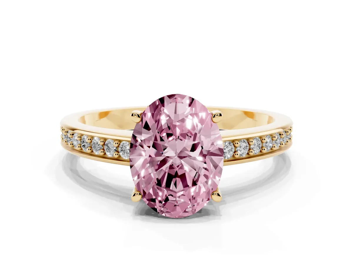Fancy Pink Oval Cut Solitaire Pavé Band Prong Setting Ring Yellow gold