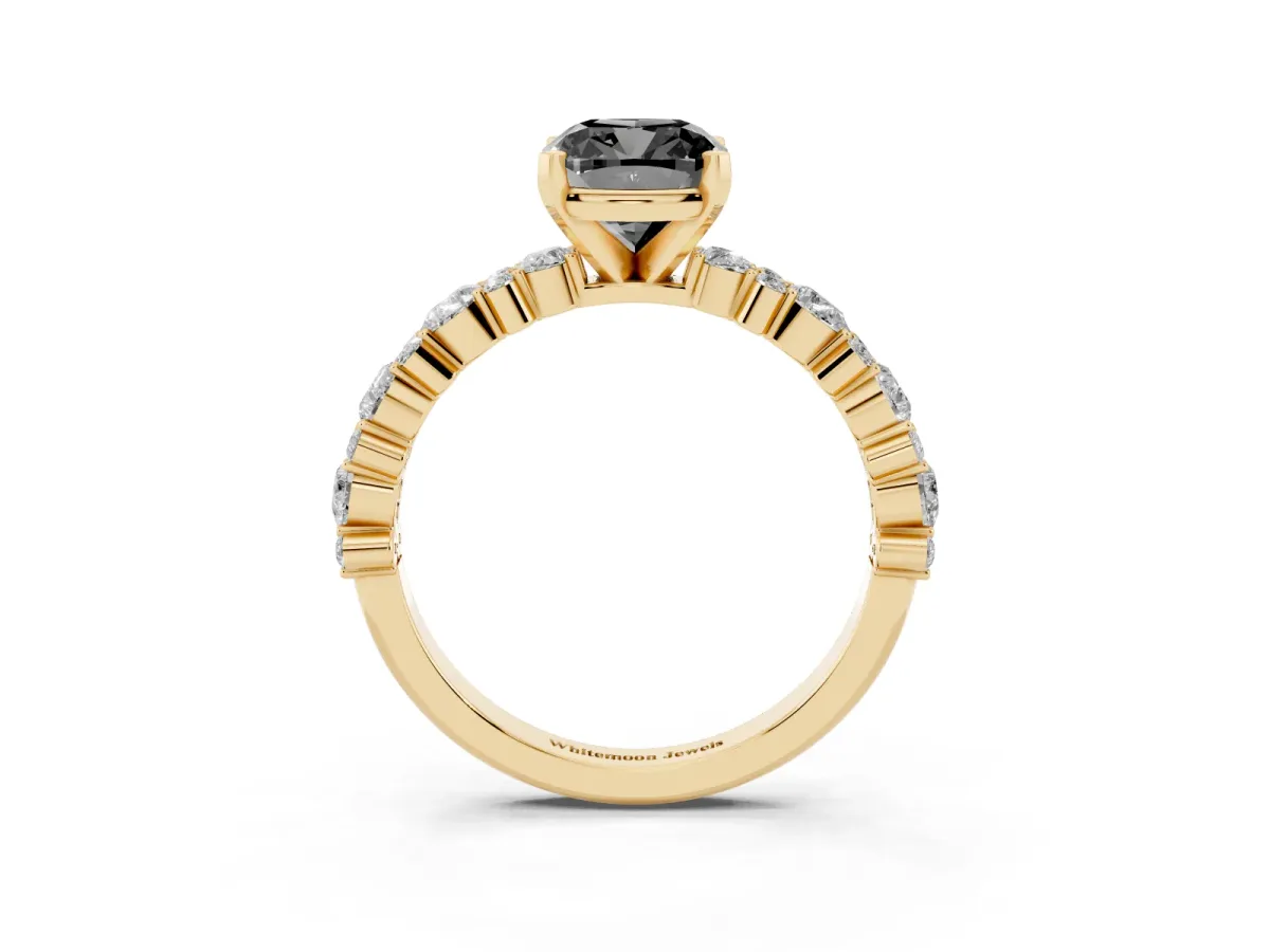 Fancy Black Cushion Cut Diamond Side Stone Solitaire Ring with Round and Four-Prong Setting Yellow gold