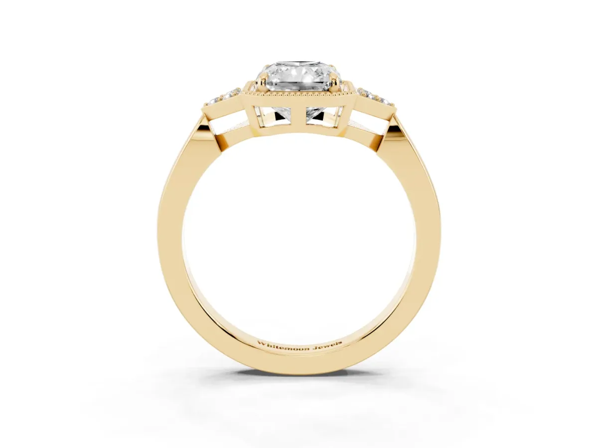 Radiant Cut Diamond Halo Ring with Tapered Band and Four-Prong Setting Yellow gold