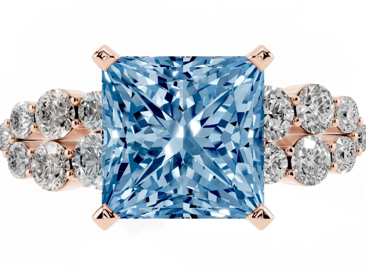 Fancy Blue Princess Cut Cluster Diamond Engagement Ring with Pavé Band and Four-Prong Setting Rose gold