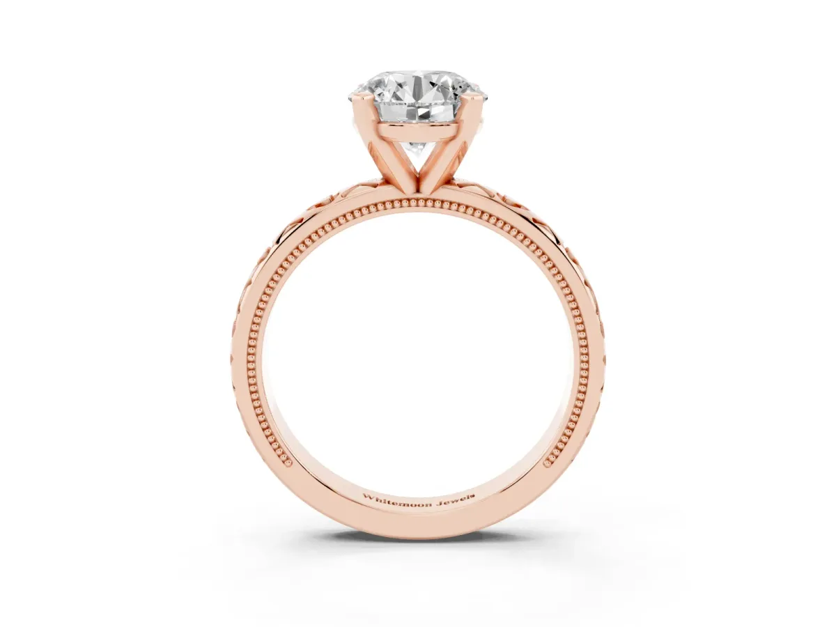 Round Cut Solitaire Diamond Engagement Ring with XO Engraved Band and Four-Prong Setting Rose gold