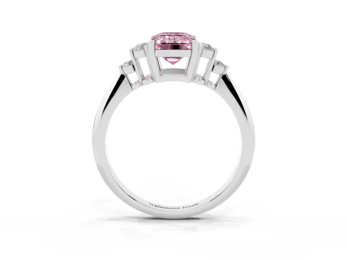 Fancy Pink Emerald Cut Cut Diamond Cluster Ring with Solitaire Band and Four-Prong Setting Silver