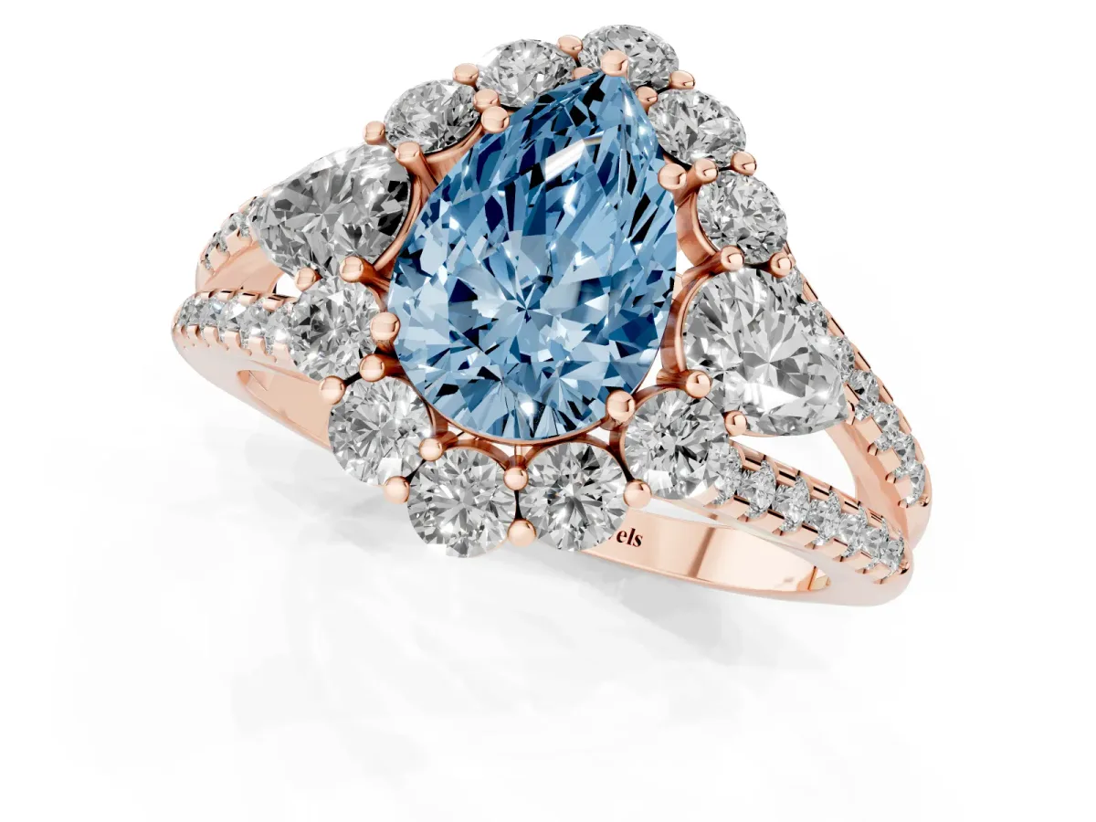 Fancy Blue Pear Cut Halo Split Shank Diamond Engagement Ring with Prong Setting Rose gold