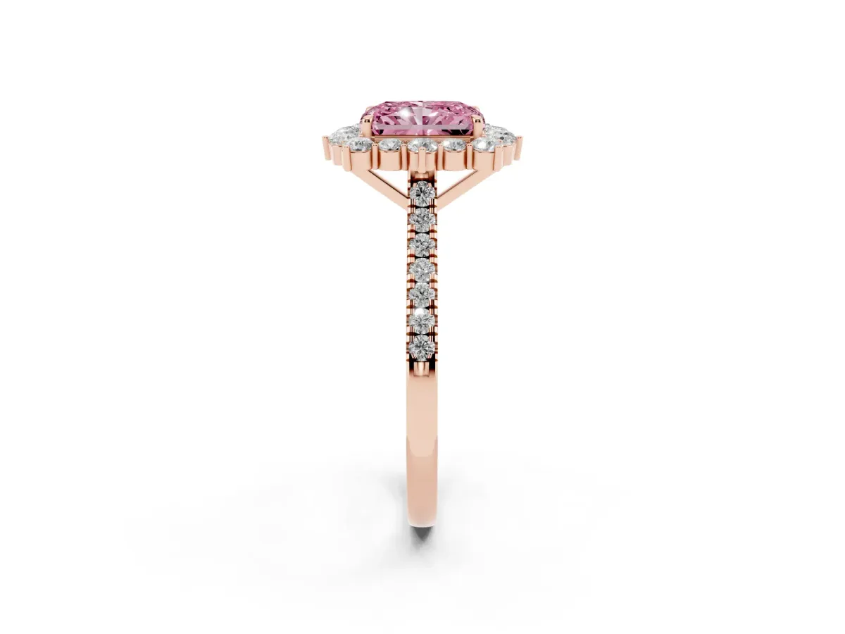 Fancy Pink Radiant Cut Halo Diamond Ring with Pavé Band and Prong Setting Rose gold