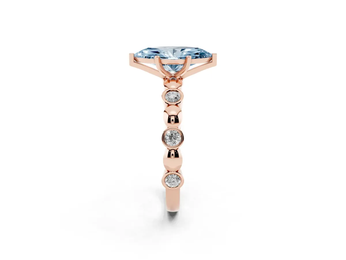 Fancy Blue Marquise Cut Solitaire Bezel-Set Diamond Ring with Beaded Band and Four-Prong Setting Rose gold