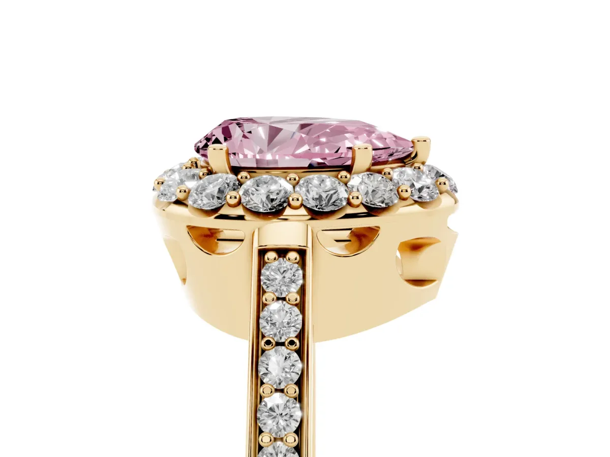 Fancy Pink Pear Cut Diamond Floral Halo Ring with Pavé Band and Prong Setting Yellow gold